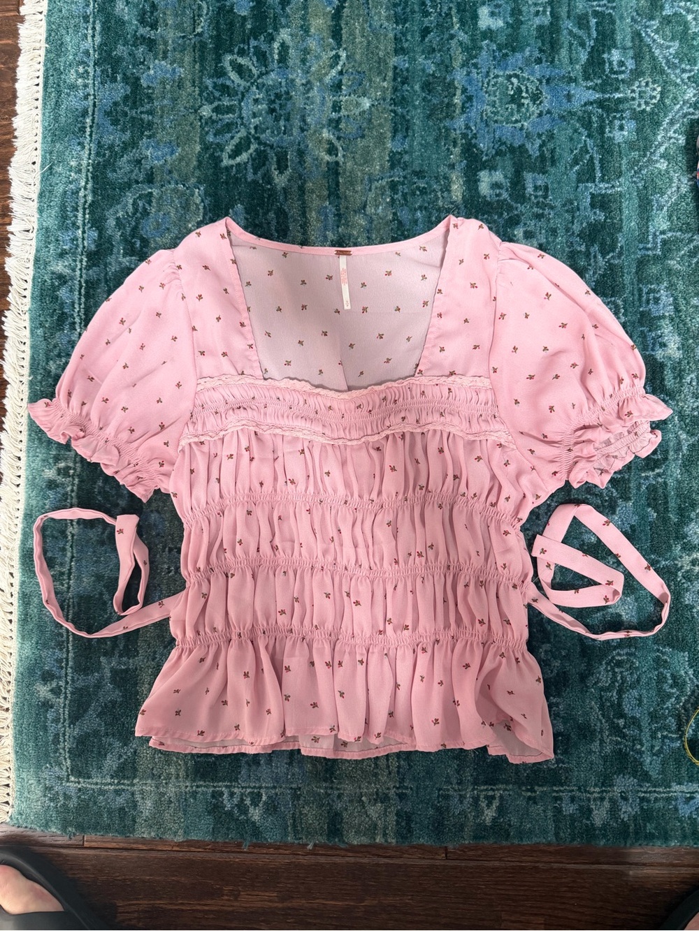 Free People Adore You Pink Smocked Puff-Sleeve Top